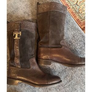 Tory Burch Corey Brown Leather Suede Riding Mid-Calf Boots Size 9 M